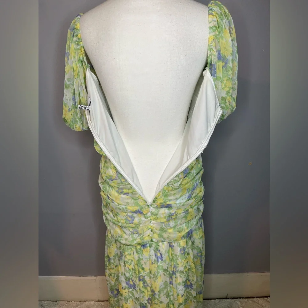 ASOS ruched puff sleeve maxi dress white base yellow blue floral print - Picture 10 of 15